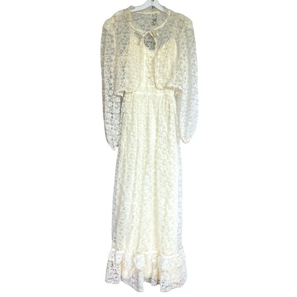 Vintage Pegnoir Negligee Nightgown Cape Set Bust Lace Cream - Picture 1 of 10
